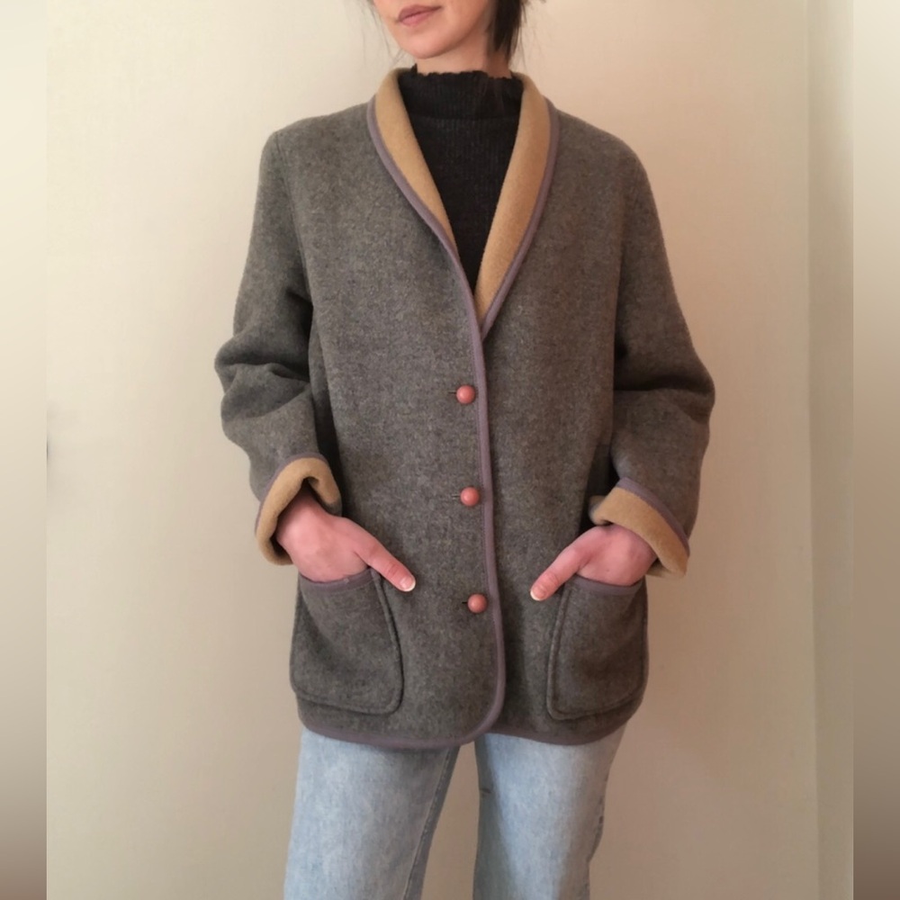 Quiet Luxury Vintage Wool Coat Gray and Tan Reversible Size Small